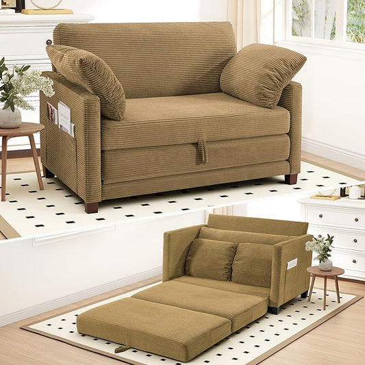 51" Convertible Loveseat Sofa Bed, 2-in-1 Folding Sofa Bed with 2 Pillow for Small Spaces, Modern Loveseat Sleeper Couch for Apartment, Living Room & Guest Room (Brown Corduroy, 51 inch)
