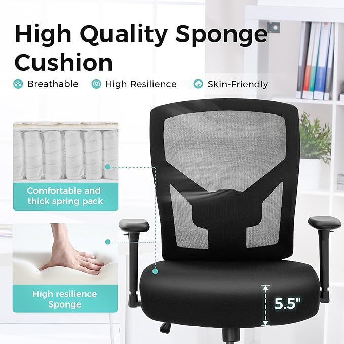 ALPHA HOME Heavy Duty Office Chair Ergonomic, Mid Back Mesh Computer Chair with Lumbar Support, Desk Chair Adjustable Armrest & Seat Cushion, SGS Certified