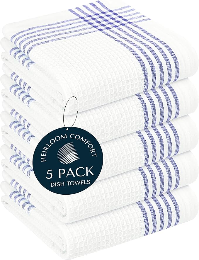 Indigo Blue and White Waffle Kitchen Towels 5 Pack, 16x26 Inch, 100% Cotton, Absorbent & Quick Dry Dish Towels, Soft & Durable Cloths for Cooking, Drying, Cleaning, Machine Washable