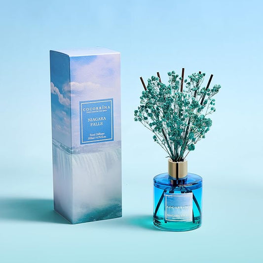 COCORRÍNA Reed Diffuser - Niagara Falls 6.7 Fl.oz Reed Diffuser Set with 8 Sticks & Preserved Baby's Breath, Reed Diffuser for Home Bathroom Shelf Decor