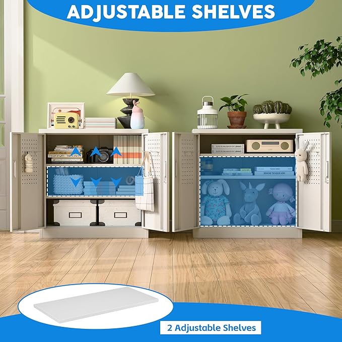 SUXXAN Metal Storage Cabinet with Pegboard 31.5'' x 31.5'' x 16.5'',Lockable Rolling Steel Storage Cabinet with 5 Adjustable Shelves and Door for Garage, Office, Kitchen, Assembly Required(White)