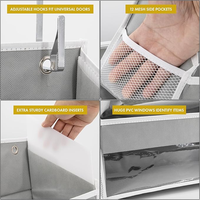 HOMELUX THEORY UPGRADED Over The Door Organizer Hanging - 100D EXTRA THICK & 50lbs HUGE CAPACITY 6 Large Front & 12 Side Pockets, Over The Door Shoe Organizer, Hanging Closet Organizer (Ivory, 2pc)
