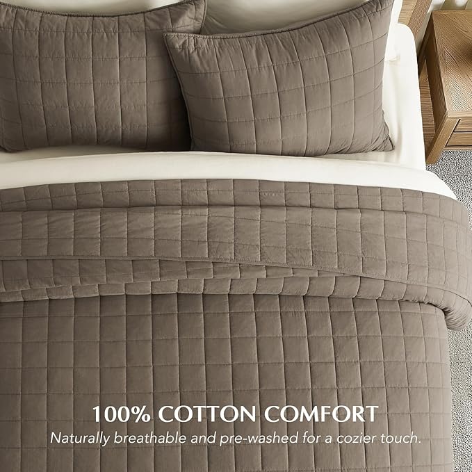 EVERGRACEHOME 100% Cotton Box Stitch Quilt Bedding Set Queen Size 3 Pieces, Garment-Washed Lightweight Soft Cozy Coverlet, Quilted Bedspread Sets with 2 Shams for All Season, Mocha Brown