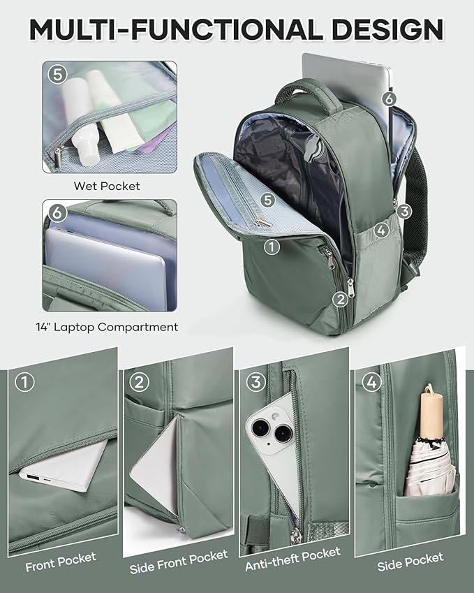 Vacuum Backpack Travel for Women Men, Travel Backpack with Vacuum System, Small Compression Backpacks Flight Approved, Travel Vacuum Bags with 14inch Laptop Compartment, Contain Pump, Green