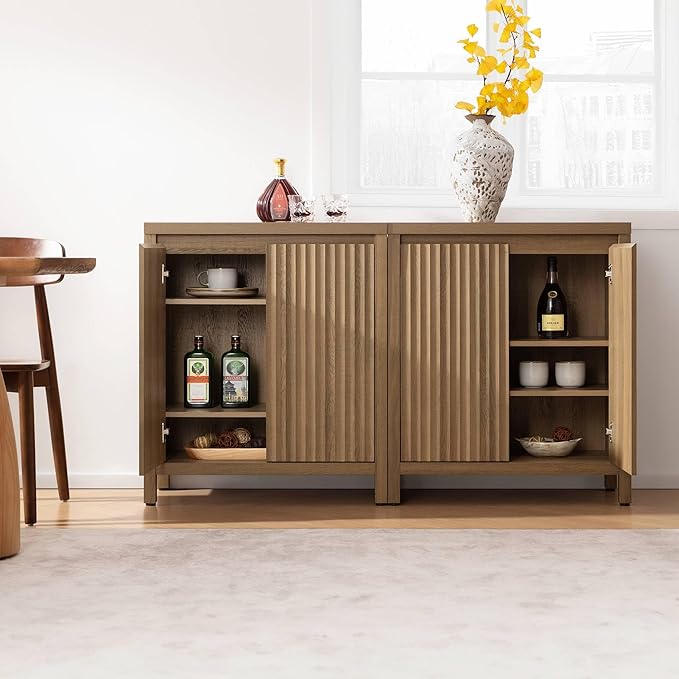 SICOTAS Sideboard Buffet Cabinet with Storage, Fluted Credenza Console Cabinet with Adjustable Shelves, Farmhouse Coffee Bar Storage Cabinets for Kitchen, Living Room, Entryway, Caramel Oak, 3 PCS