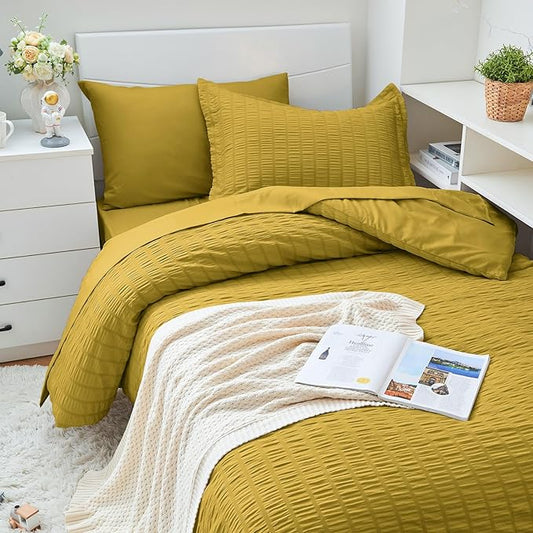 HYMOKEGE Mustard Yellow Twin XL Comforter Set Seersucker 5 Pieces, All Season Luxury Bed in a Bag for Bedroom, Bedding Set with Comforter, Sheets, Pillowcase & Sham