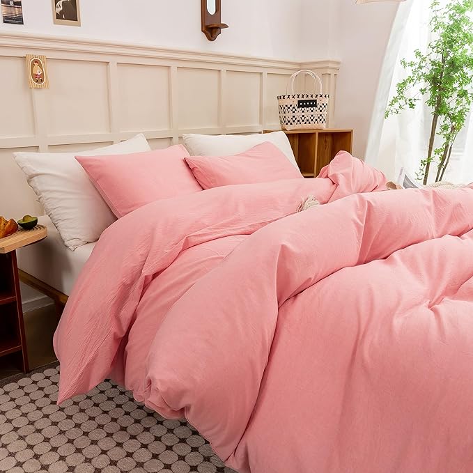 ECOCOTT Pink Duvet Cover Queen Size - Linen Feel Organic Natural 100% Washed Cotton, Soft Breathable 3 Pieces Bedding Set with Zipper Closure