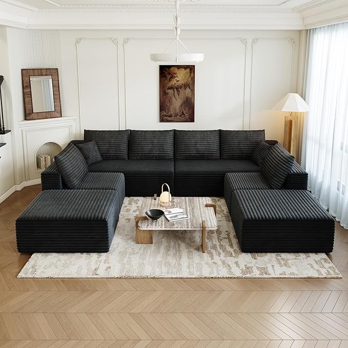 139.4" Modular Sectional Sofa Couch, Oversized U-Shaped Minimalist Couches with 2 Ottomans Chaise and 2 Middle Seats, Modern Deep Seat Cloud Plush Corduroy Sofas Set for Living Room, 8 Seater, Black