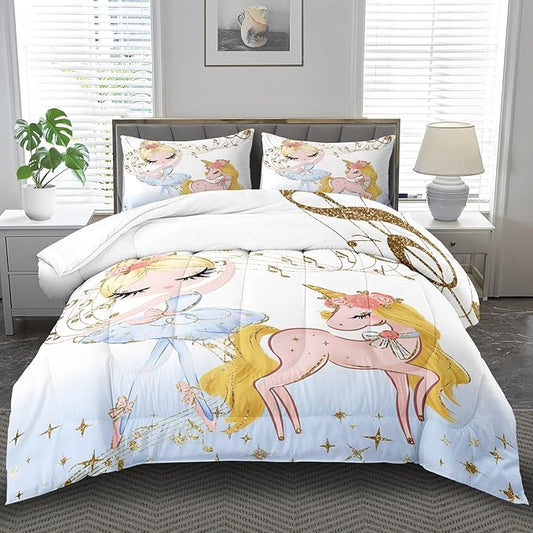 Golden Unicorn Girls Comforter Set Queen Kawaii Unicorn Bedding Set Queen Cute Horse Comforter Girls Bedroom Decor White Animal Print Bedding Bed Decor Animal Print Quilt