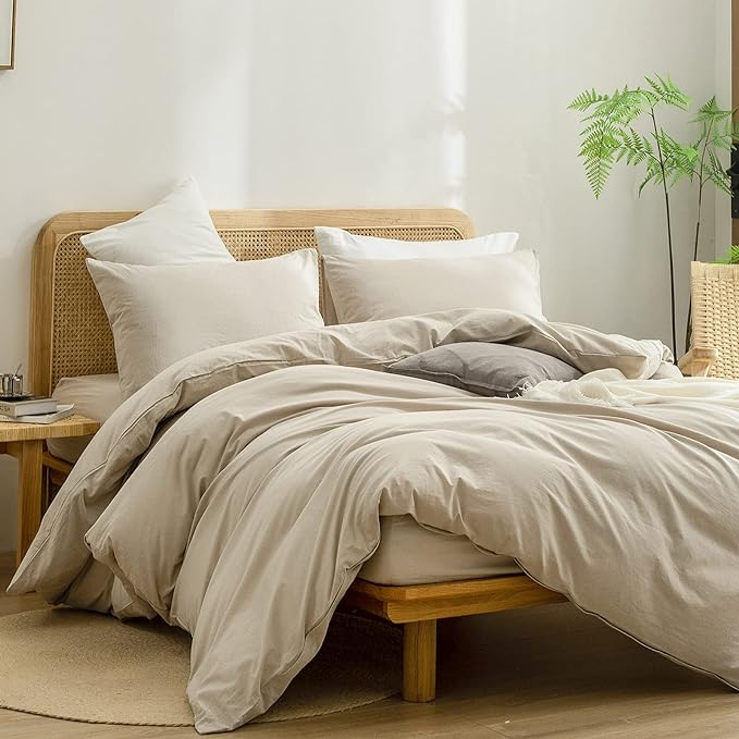 BESTOUCH Duvet Cover Set 100% Washed Cotton Linen Feel Super Soft Comfortable Chic Lightweight 3 PCs Home Bedding Set Solid Almond Milk Grey Super King