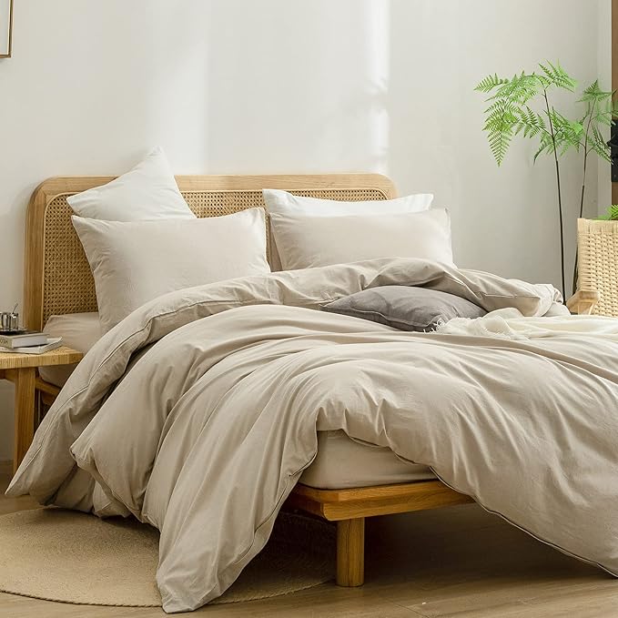 BESTOUCH Duvet Cover Set 100% Washed Cotton Linen Feel Super Soft Comfortable Chic Lightweight 3 PCs Home Bedding Set Solid Almond Milk Grey Oversized Queen