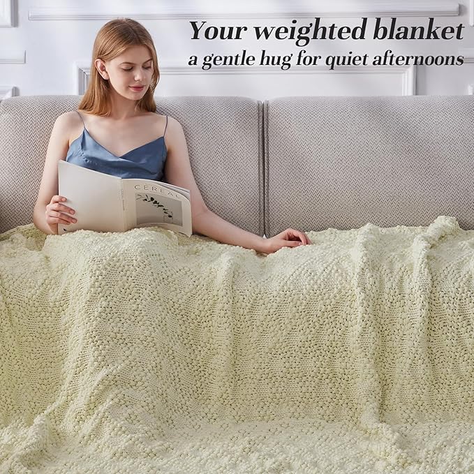 Knitted Weighted Blanket for Adult, Chunky Knit Weighted Throw for Sleep 48"*72" 12lbs, Cooling Breathable Heavy Blanket for Hot Sleepers, Machine Washable Blanket for Room Decor(Cream White)