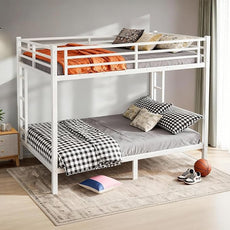 Queen Over Queen Bunk Bed, Metal Bunk Bed Frame Heavy Duty Bunk Beds Loft Bed Frame with Ladder and Guardrail Metal Slats No Box Spring Required for Adults Teens, White
