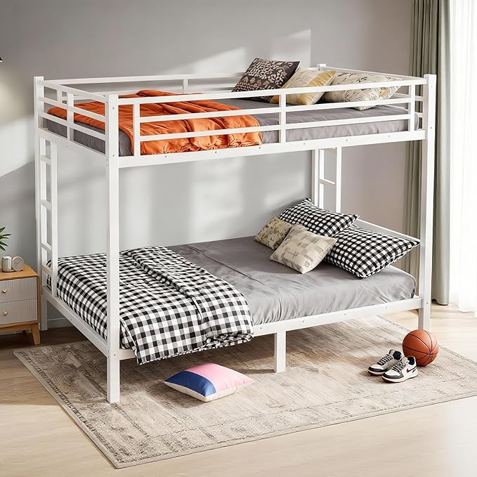 Queen Over Queen Bunk Bed, Metal Bunk Bed Frame Heavy Duty Bunk Beds Loft Bed Frame with Ladder and Guardrail Metal Slats No Box Spring Required for Adults Teens, White