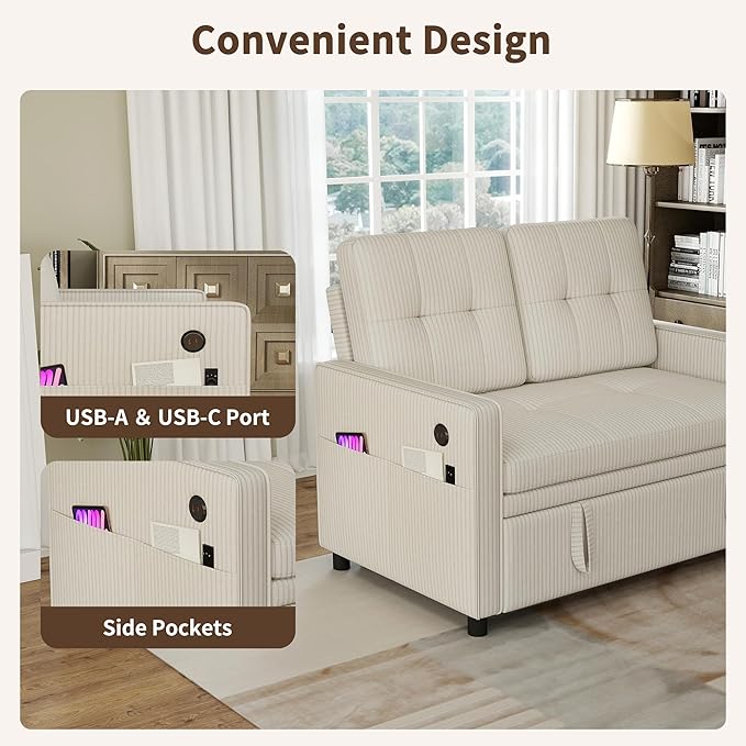3 in 1 Convertible Sleeper Sofa Bed, Pull Out Couch with Charging Station, Corduroy Small Loveseat Sleeper Sofa with Adjustable Backrest for Apartment, Bedroom, Small Space（White）