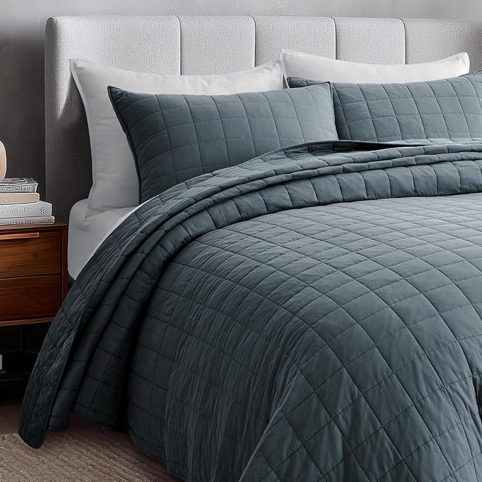 EVERGRACEHOME 100% Cotton Box Stitch Quilt Bedding Set Queen Size 3 Pieces, Garment-Washed Lightweight Soft Cozy Coverlet, Quilted Bedspread Sets with 2 Shams for All Season, Midnight Blue