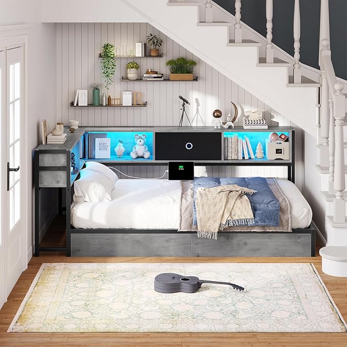 Hasuit Twin Corner Bed Frame with Storage Drawers and Bookcase Headboard, Twin Size Metal Platform Corner Bed Frame with Charging Station and LED Lights, Twin Daybed for Kids Teens Guests, Oak Gray