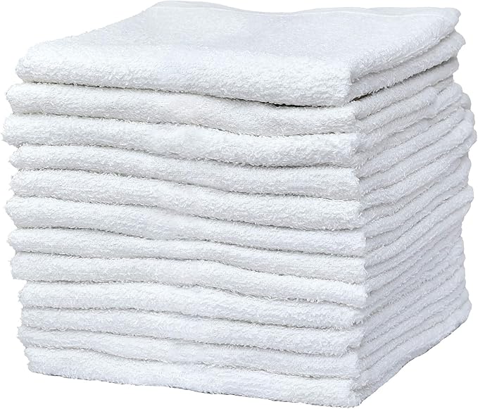 Pacific Linens 100% Cotton Kitchen Towels, Absorbent Rags for Cleaning Counter Top, Hand Drying Dishes - Thick, Soft, Durable, Reusable, Machine Washable Quick Dry Barmops 16” x 19” (White, 12)