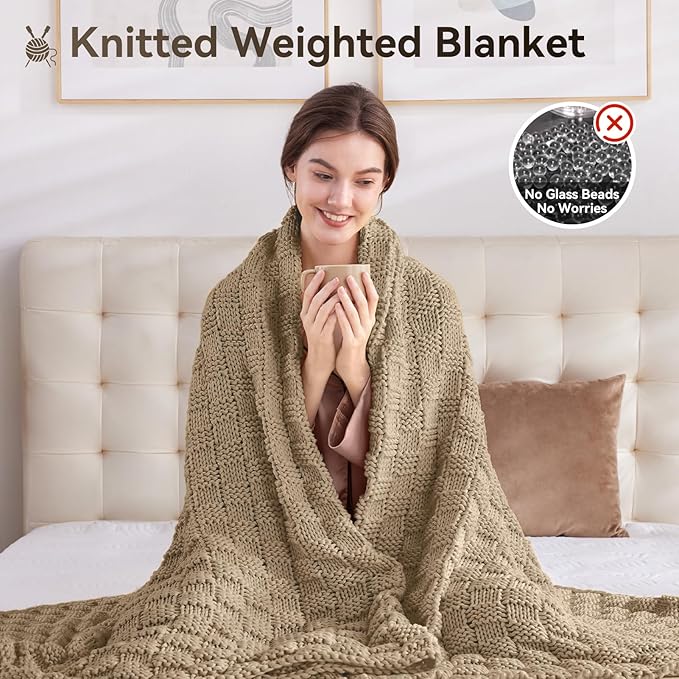 Knitted Weighted Blanket for Adult, No Beads Heavy Blanket 50” x 60'' 7lbs, Breathable Chunky Knit Blanket, Cooling Weighted Blanket for Hot Sleepers, Christmas Home Decor (Camel)