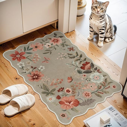 Lahome Floral Washable Kitchen Rug, Ultra-Thin Fall Door Mat, Indoor Entrance Stain Resistant Boho Small Low-Pile Throw Rug for Bathroom Bedroom (2x3ft, Brown)