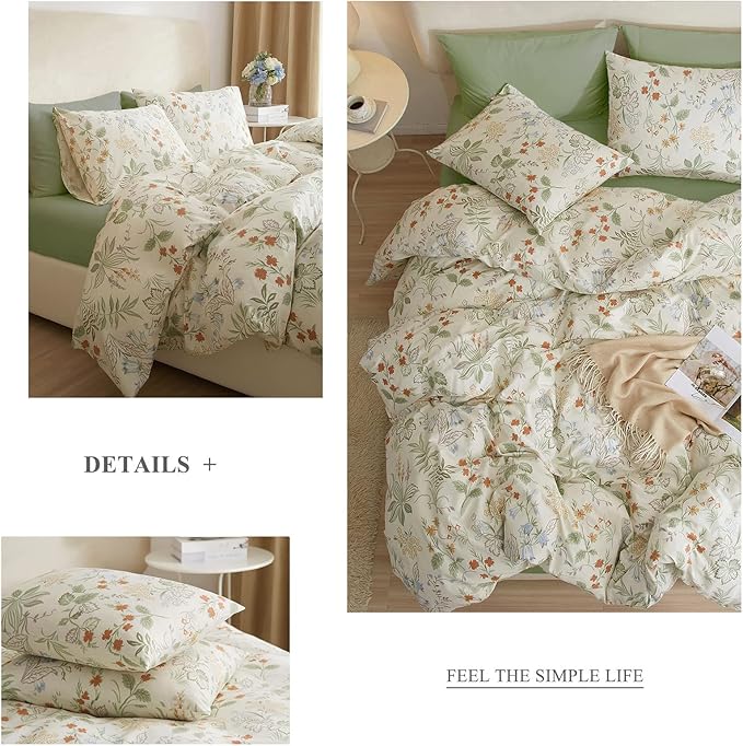 mixinni White Duvet Cover Set with Green Leaves Twin XL Size 100% Cotton Flower Printed Bedding Set 1 Duvet Cover 2 Pillowcases for Teen Girls, Ultra Soft, Breathable, Comfortable(3pcs, Twin XL Size)