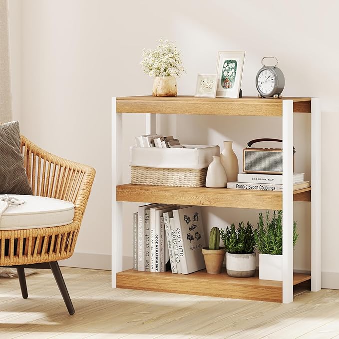 Giantex 3 Tier Bookshelf of 2, Freestanding Wooden Bookcase with Dual Anti-Tipping Kits, Open Display Rack Shelving Unit, Storage Organizer for Living Room, Bedroom & Study,Natural & White