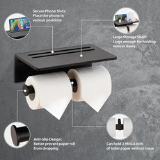 Toilet Paper Holder - Aluminium Double Roll Toilet Tissue Holder with Mobile Phone Shelf for Bathroom, 3M Self Adhesive No Drilling or Wall-Mounted with Screws, Rustproof Modern Style Black