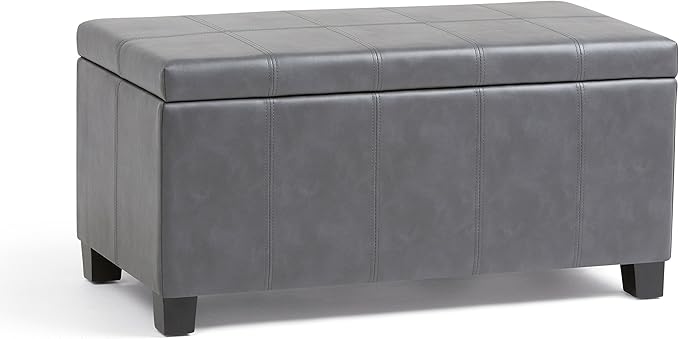 SIMPLIHOME Dover 36 inch Wide Contemporary Rectangle Storage Ottoman Bench in Stone Grey Vegan Faux Leather, Assembled, for the Living Room, Entryway and Family Room