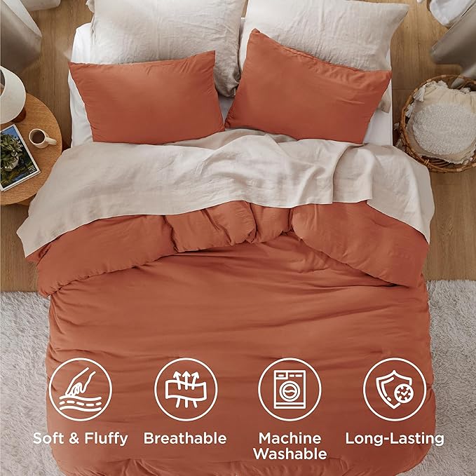 Bedsure Queen Size Comforter Set, Burnt Orange Soft Prewashed Bedding for All Seasons, 3 Pieces GentleSoft™ Down Alternative Bed Set, 1 Lightweight Comforter (90"x90") and 2 Pillowcases (20"x26")