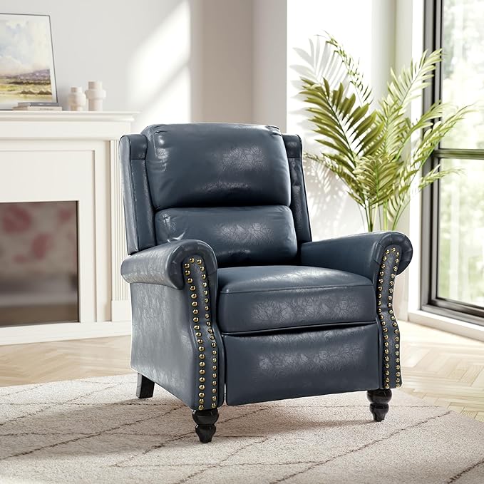 Faux Leather Recliner Chair, Modern Pushback Armchair with Adjustable Backrest & Footrest for Bedroom, Living Room,Dark Blue,1 SEAT