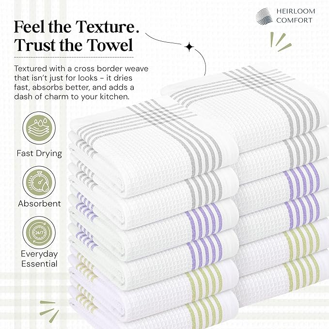 White Waffle Weave Kitchen Towels 12 Pack, 16x26 Inch, Cotton Dish Towels, Quick Dry, Absorbent, Machine Washable, Durable for Kitchen & Cleaning, Light Grey, Lavender, Lemon Green
