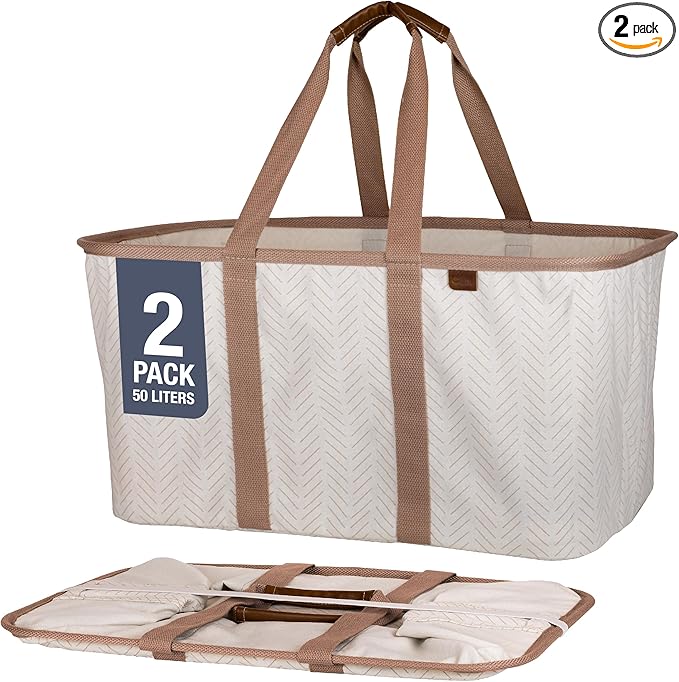 CleverMade Collapsible Laundry Tote - LUXE Cream Herringbone 2Pack 50L -Foldable Storage Organization Container Clothes Laundry Room Storage Solution