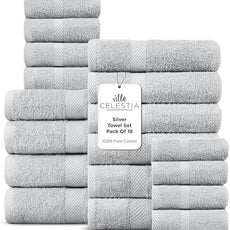 100% Cotton Bath Towel Set of 18-4 Bath Towels, 6 Hand Towels, 8 Wash Cloths, Sustainable, Soft, Highly Absorbent, Combed Cotton 18 Piece Set for Hotels, Spa, Bathroom, Dorm, Silver