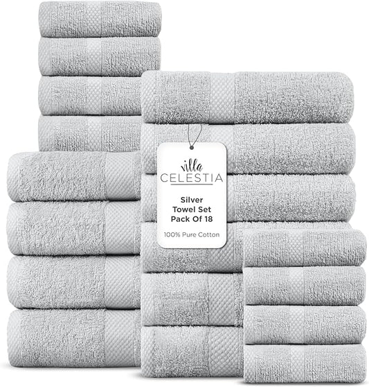 100% Cotton Bath Towel Set of 18-4 Bath Towels, 6 Hand Towels, 8 Wash Cloths, Sustainable, Soft, Highly Absorbent, Combed Cotton 18 Piece Set for Hotels, Spa, Bathroom, Dorm, Silver
