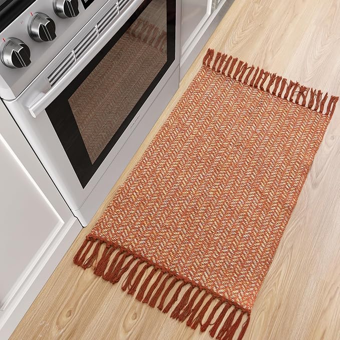 Lahome Boho Fall Kitchen Rug, 2x3 Bathroom Rug Lightweight Indoor Door Mats for Entryway Small Cotton Area Rug with Tassels, Farmhouse Washable Throw Rugs Low Pile Carpet for Bedroom