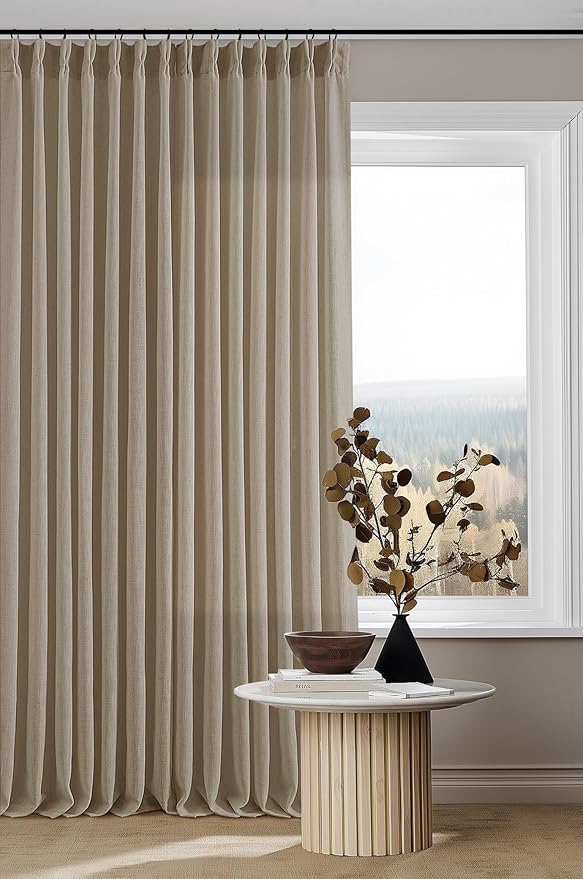 Grey Beige Pinch Pleated Linen Curtains 92 Inches Long 2 Panels for Living Room Bedroom Memory Training Shaped Semi Sheer Pleat Drapes with Hooks Rings Light Filtering Window Curtain 40x92