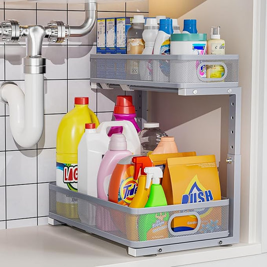 Under Sink Organizer, High Adjustable 2 Tier Under Sink Organizers and Storage, Slide Out Metal Cabinet Organizers, Pull Out Sink Storage Drawer Shelf for Kitchen Bathroom Cabinet, Grey, 1 Pack