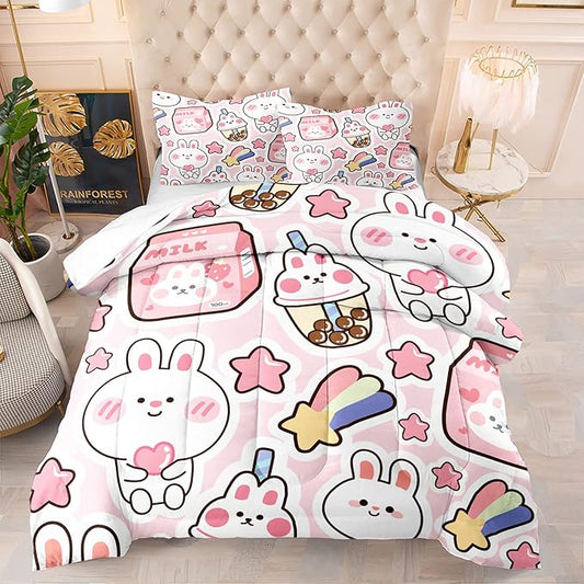 Fiico Kawaii Rabbit Bedding Set, Twin/Full/Queen Size, 3 Pieces, U1 Color, Microfiber, Cartoon Pattern, Kids Room Decor