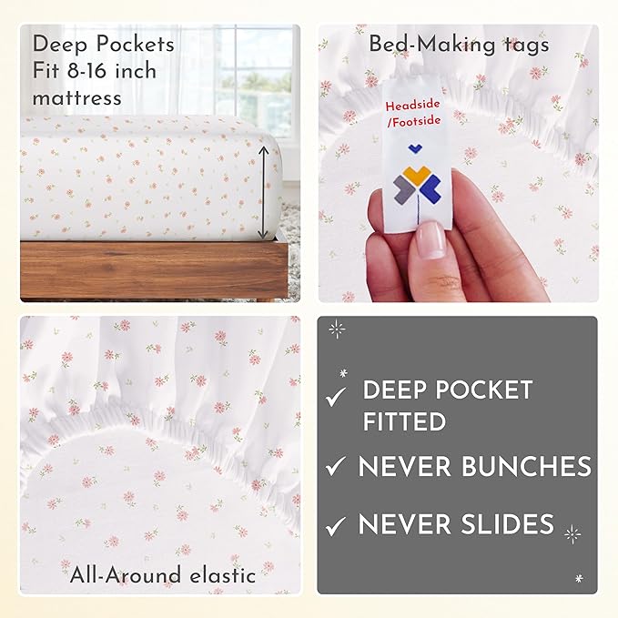 California Design Den Floral Print King Size Sheets Set - 400 Thread Count, Soft Sateen, Natural 100% Cotton Sheets King Size, Deep Pockets, and Durable Bedding Set - Soft Floral CaliforniaDesignDen