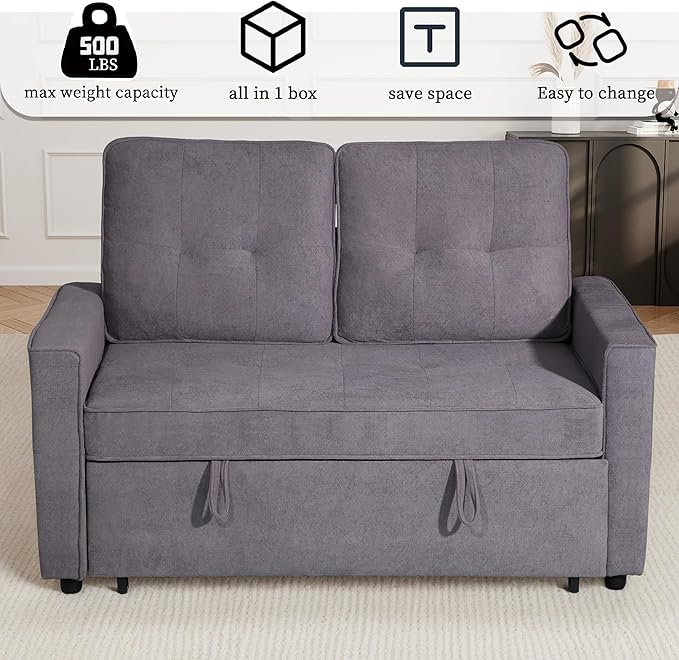 EJUNQ Pull Out Couch, Convertible Sofa Bed with USB and Reclining Backrest, Modern 3 in 1 Sleeper Sofa Couch Bed with Side Pockets, Comfortable Loveseat Sleeper for Small Spaces.((Gray)