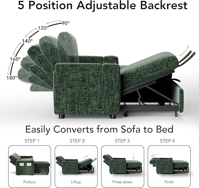 Sunny Heart L-Shaped Sleeper Sofa with Pull Out Bed, 82" Sectional Couch with Reclining Backrest, Reversible Storage Chaise, Armrest Storage, Cup Holders, Side Pockets, Tool-Free Assembly, Green