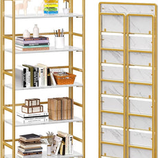 4NM No Assembly 5 Tiers Folding Bookshelf Storage Shelves Vintage Bookcase Standing Racks Study Organizer Home Office (White Gold)