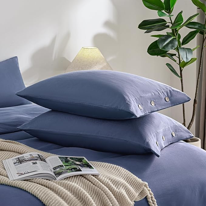 JELLYMONI Pillowcase Body Cotton 1pc Button Blue Pillow Case 20×54in 100% Washed Cotton Soft Breathable Pillow Covers(Pillows are not Included)