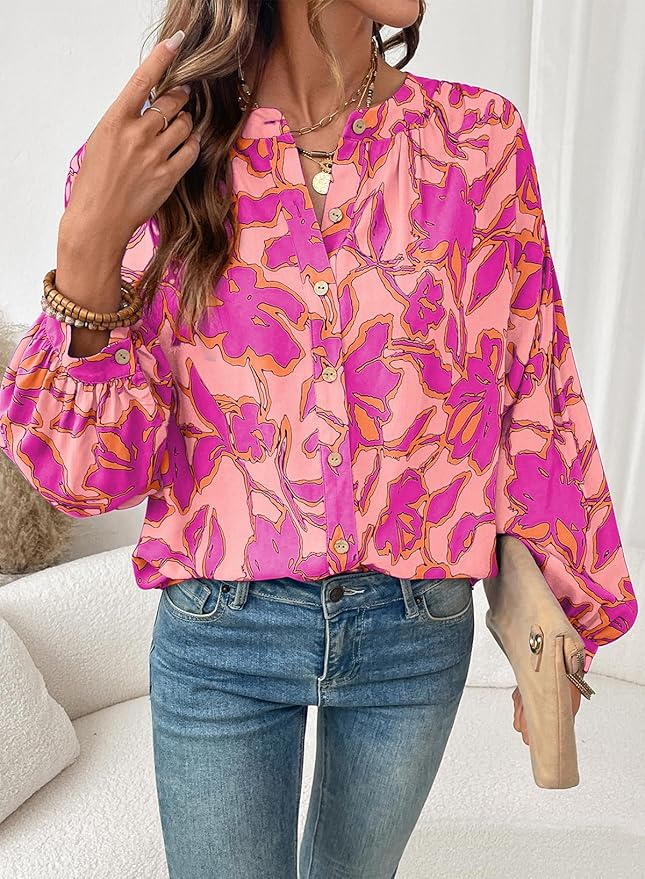 Astylish Womens 2026 Boho Floral Loose Spring Summer Tops Lantern Sleeve Flowy Blouses V Neck Button Down Shirts
