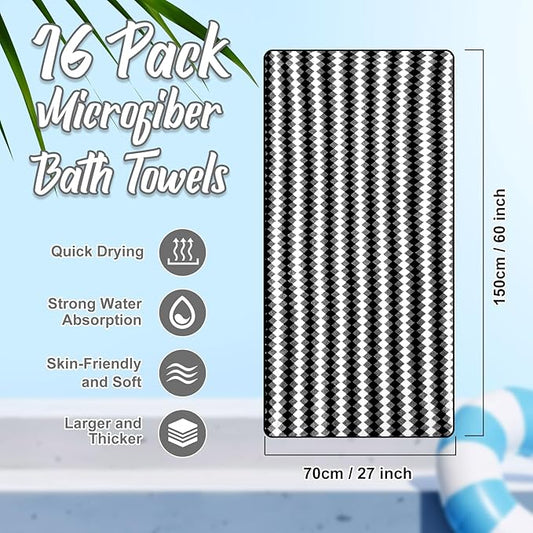 16 Pack Microfiber Bath Towels Bulk 27'' x 60'' Oversized Size Bath Towel Highly Absorbent Extra Large Soft Drying for Shower Beach Winter Salon Sport Gym Party (Grid,Black)