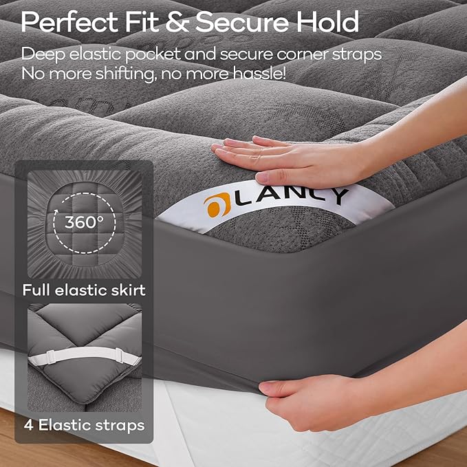OLANLY Full Mattress Topper – Viscose Made from Bamboo, Cooling Soft Full Pillow Top Mattress Pad for Back Pain Relief, Plush Down Alternative Fill Bed Topper with Elastic Deep Pocket, Light Gray