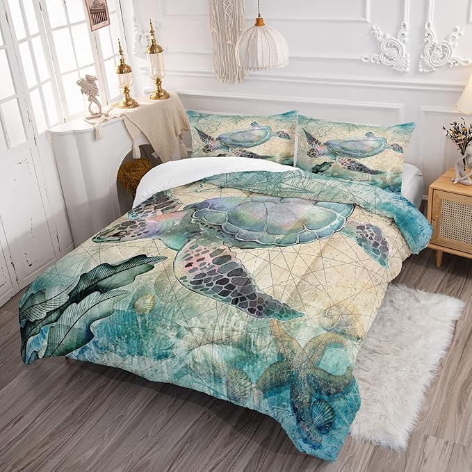 CVHOUSE Sea Turtle Comforter Set, Ocean Bedding for Kids Teens, Duvet Quilt Room Decor Queen Size