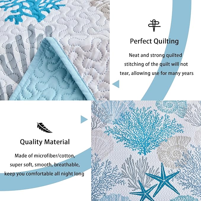 Tritard 3 Piece Coastal Quilt Sets California King Size - Reversible Microfiber Quilts with 2 Shams Soft Lightweight Beach Bedding Nautical Bedspread Summer Coverlet for All Season, 118''x106''