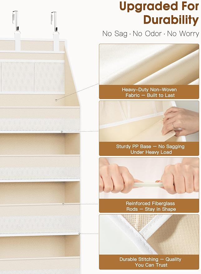 Criusia Over the Door Organizer, 6-Shelf Closet Hanging Storage with 13 Mesh Pockets, 55lbs Capacity Behind the Door Storage for Baby Nursery, Bathroom, Bedroom, and Dorm, Beige