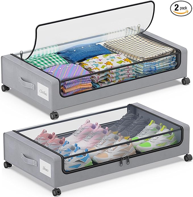 Under Bed Storage with Wheels, 2-Pack Under Bed Storage Containers with Clear Lids, XXL 60L Under the bed storage Organizer Bins, Rolling Under Bed Metal Drawer for Clothes,Shoes,Toys (Gray, 2 Pack)